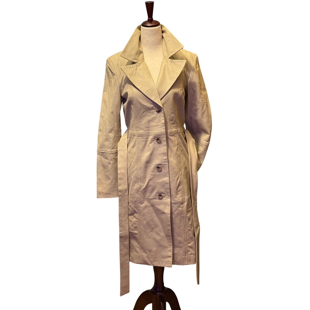 XS Badgley Mischka Lamb Leather Trench Coat Belted Beige XS TP - Picture 4 of 8